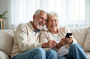 Naklejka na ściany i meble Happy senior couple laughing, watching TV, holding remote control. Elderly man, woman enjoy leisure time, home entertainment, relax, smile. Wife, husband enjoy cozy, comfortable atmosphere.