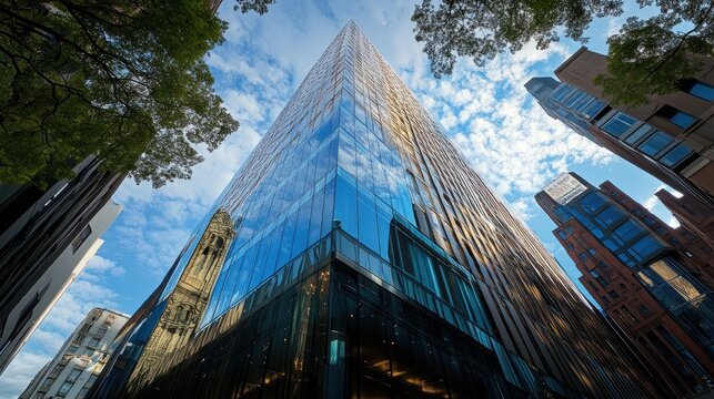An elegant modern building with a glass facade, photographed from a low angle, capturing its architectural design in urban daylight