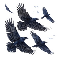Obraz premium Four ravens in flight isolated on white background