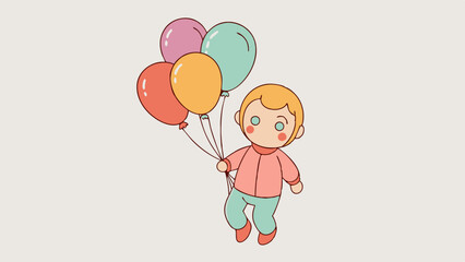 Cute child floating with colorful balloons