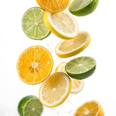 Fototapeta premium Citrus fruit slices falling in water isolated on white background