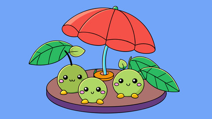 Cute cartoon fruits under a parasol