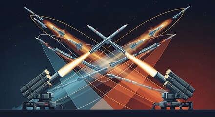 Coordinated air defense system with anti-missile launchers firing interceptor rockets. Futuristic warfare and geopolitical conflict concept vector illustration.