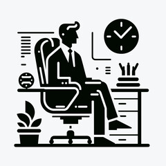 Businessman sitting at desk with clock and plant in office  