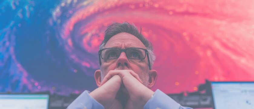 Concentrated man in a room with a swirling cosmic backdrop