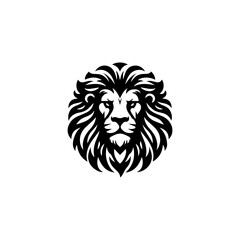 Fototapeta premium Stylized black and white lion head emblem, circular design, fierce expression.