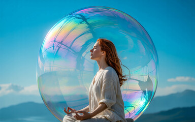 Woman Meditating Inside Iridescent Bubble with Sky and Mountains Background. Iridescent Bubble Portrait