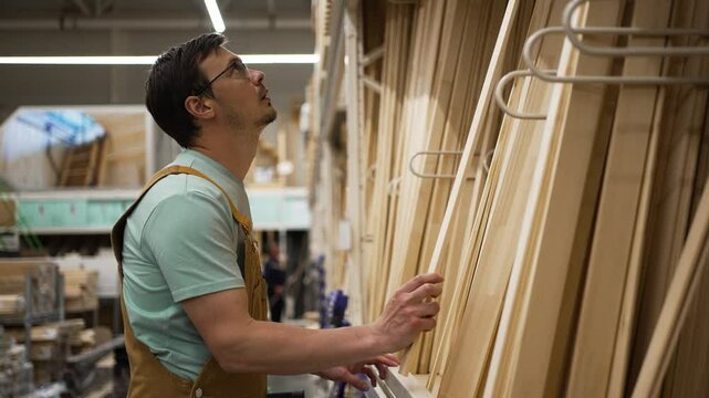 Professional carpenter carefully examining and selecting wooden planks of various sizes in a construction supermarket, ensuring quality and suitability for project