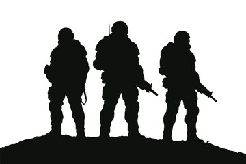 Silhouette of three soldiers standing on a hill with rifles and tactical gear