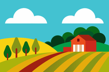 Fototapeta premium Farmhouse in rolling hills landscape illustration