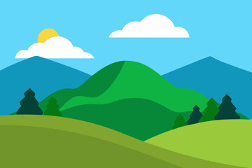 Fototapeta premium Cartoon landscape illustration green hills and sun