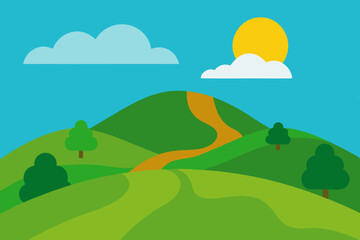 Obraz premium Rolling green hills and mountains landscape