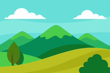 Fototapeta premium Simple cartoon landscape with green mountains and sky