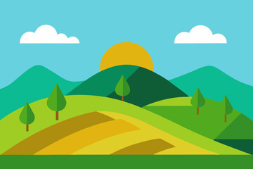Obraz premium Cartoon landscape illustration green hills and sun