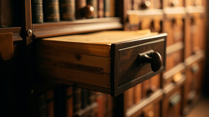 Aged Mahogany Library Drawer Reveals Layers of Antique Parchment and Leather Spines