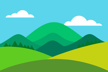 Obraz premium Simple cartoon landscape with green mountains and sky
