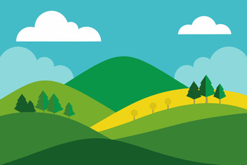 Obraz premium Simple cartoon landscape with green mountains and sky
