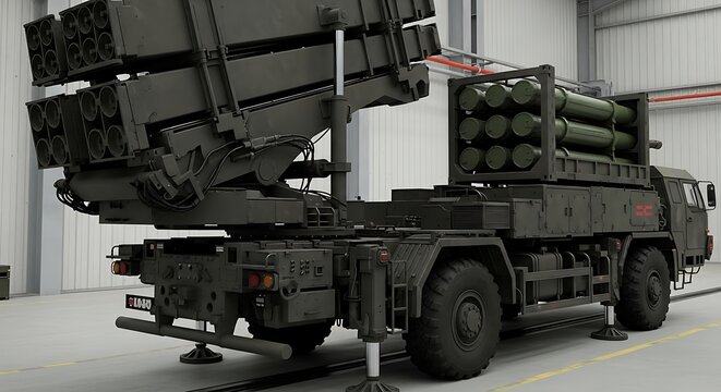 Modern mobile multiple rocket launcher system on a tactical military truck, showcased inside a factory hangar for assembly or maintenance.