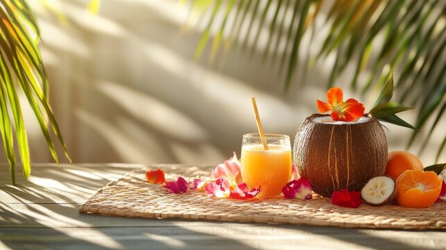 Tropical juice and coconut drink with fruit on table