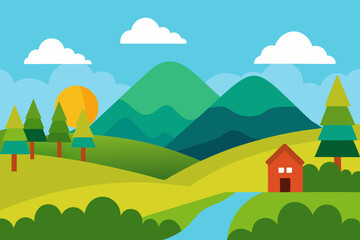 Cartoon countryside landscape with house and mountains