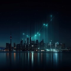 City skyline at night with glowing lines