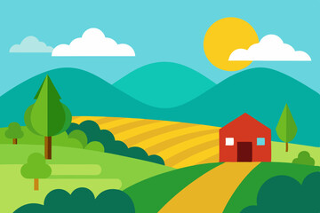 Fototapeta premium Cartoon countryside landscape with house and mountains