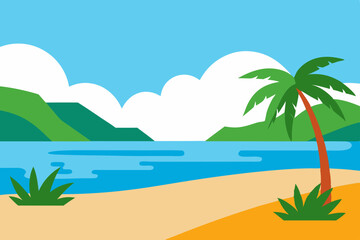 Tropical beach scene with palm tree and ocean