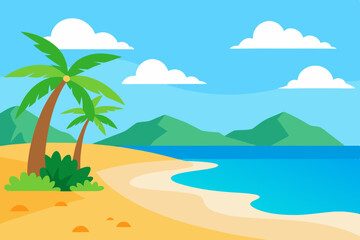 Tropical beach scene with palm tree and ocean