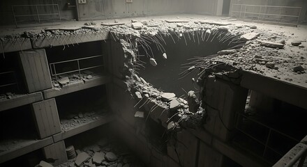 Apocalyptic scene of a massive hole in a reinforced concrete floor of an underground facility, showing the aftermath of a catastrophic explosion, earthquake, or structural collapse in a desolate