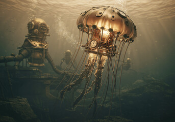 Victorian steampunk jellyfish with brass mechanical tentacles, copper gears and clockwork mechanisms, steam bubbles rising, industrial underwater scene, vintage diving helmet aesthetic