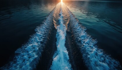 Boat wake reflects on lake, travel, watersports. Wake from boat in water, travel, watersports concept. Evening water surface with sunlight reflecting on water. Blue water, motion, transport, scenic,