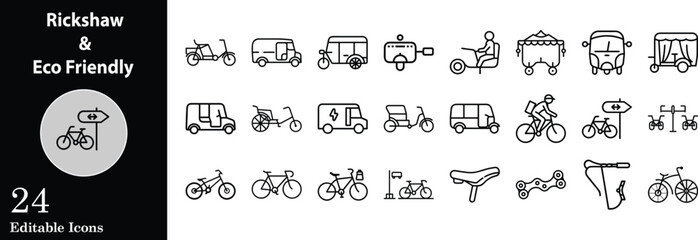 Eco friendly transportation icon set featuring bicycles and rickshaws in outline style for web design projects and mobile applications