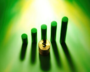 Stacks of green cylinders with a gold coin