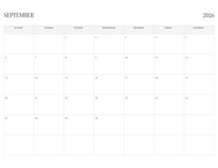 SEPTEMBER 2026 Letter Size SUNDAY WEEK START Monthly Calendar, Minimalist Printable Calendar