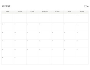 AUGUST 2026 Letter Size SUNDAY WEEK START Monthly Calendar, Minimalist Printable Calendar