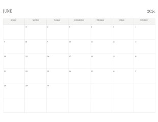 JUNE 2026 Letter Size SUNDAY WEEK START Monthly Calendar, Minimalist Printable Calendar
