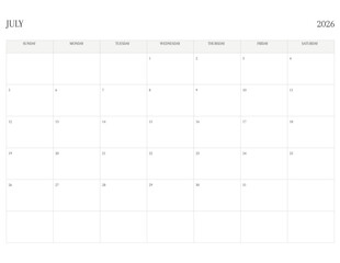 JULY 2026 Letter Size SUNDAY WEEK START Monthly Calendar, Minimalist Printable Calendar