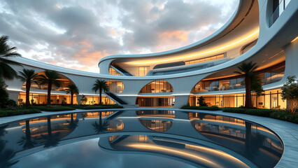 A futuristic, ultra-modern hospital with sleek, curved lines and expansive glass windows, surrounded by lush gardens and a reflecting pool,