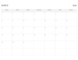 MARCH 2026 Letter Size SUNDAY WEEK START Monthly Calendar, Minimalist Printable Calendar
