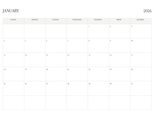 JANUARY 2026 Letter Size SUNDAY WEEK START Monthly Calendar, Minimalist Printable Calendar