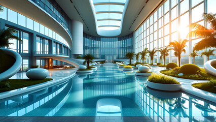 A futuristic, ultra-modern hospital with sleek, curved lines and expansive glass windows, surrounded by lush gardens and a reflecting pool,