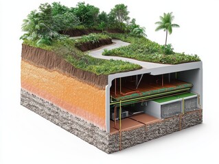 Technical diagram of a landslide warning system showing subsurface sensors, surface tension cables, vegetation layers and erosion barriers in the context of climate adaptation