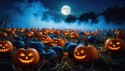 A photorealistic Halloween pumpkin patch at night with moonlight and mysterious blue smoke swirls.