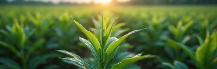 Obraz premium Green soybean plants on field. Smart farming, eco farming, AI technology, innovation in agriculture for food production, digital connections background. Sustainable future.