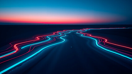 Iridescent Asphalt Patterns, Dark Landscape, Twilight Light Trails, Futuristic Serenity