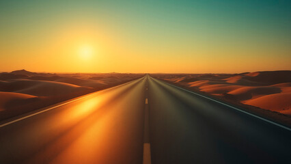 Naklejka premium Endless Asphalt Highway at Sunset – Warm Texture, Vast Landscape, Solitude