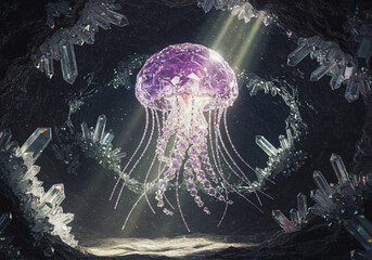 Crystal jellyfish made of precious gems, amethyst dome with diamond tentacles, refracting rainbow light beams, floating in crystal cave with stalactites, magical fantasy atmosphere