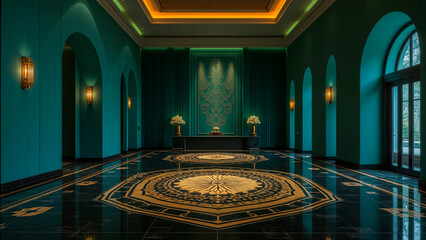 Obraz premium Luxurious Hotel Lobby with Emerald Green Velvet Walls and Geometric Marble Flooring