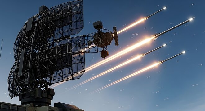 Advanced military air defense radar system launching multiple surface-to-air interceptor missiles to track and destroy aerial targets against a dramatic twilight sky.