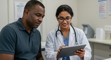 A smiling team of medical professionals in uniform, including doctors and nurses, stands together in a hospital clinic, discussing patient care and healthcare